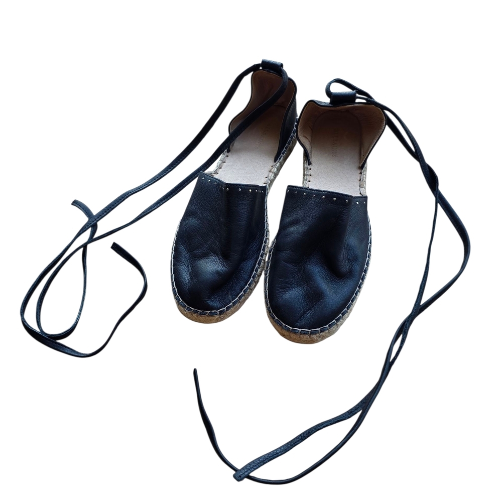 All Saints Black Leather Espadrille Ankle Tie Flats - Picture 3 of 9